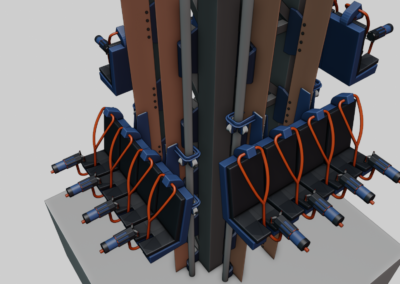 Rendering of dropper tower concept with carts at different elevations.