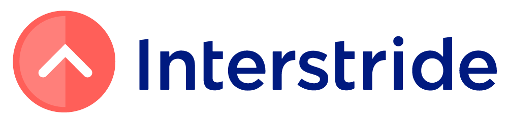 The word Interstride is written in blue text to the right of an upward-facing arrow