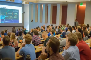 Classroom of students listening to an employer presenter