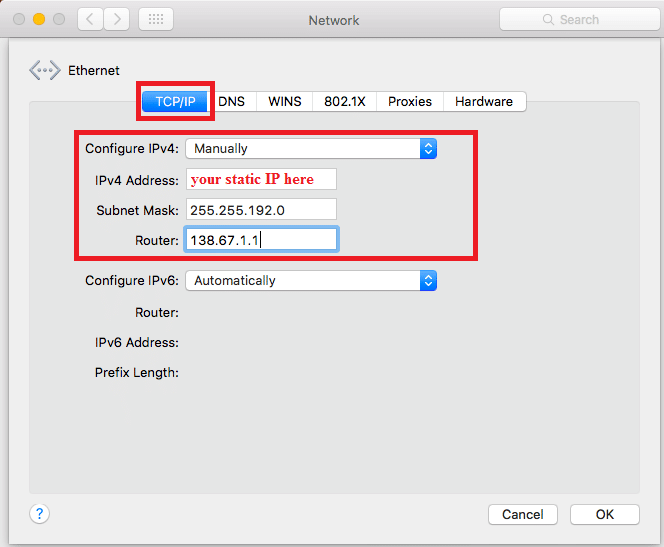 Mac static IP settings dialog