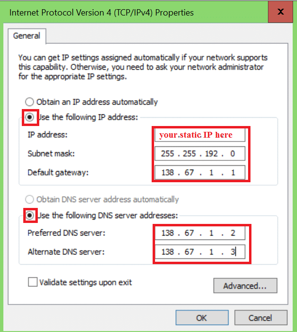 Static IP address dialog