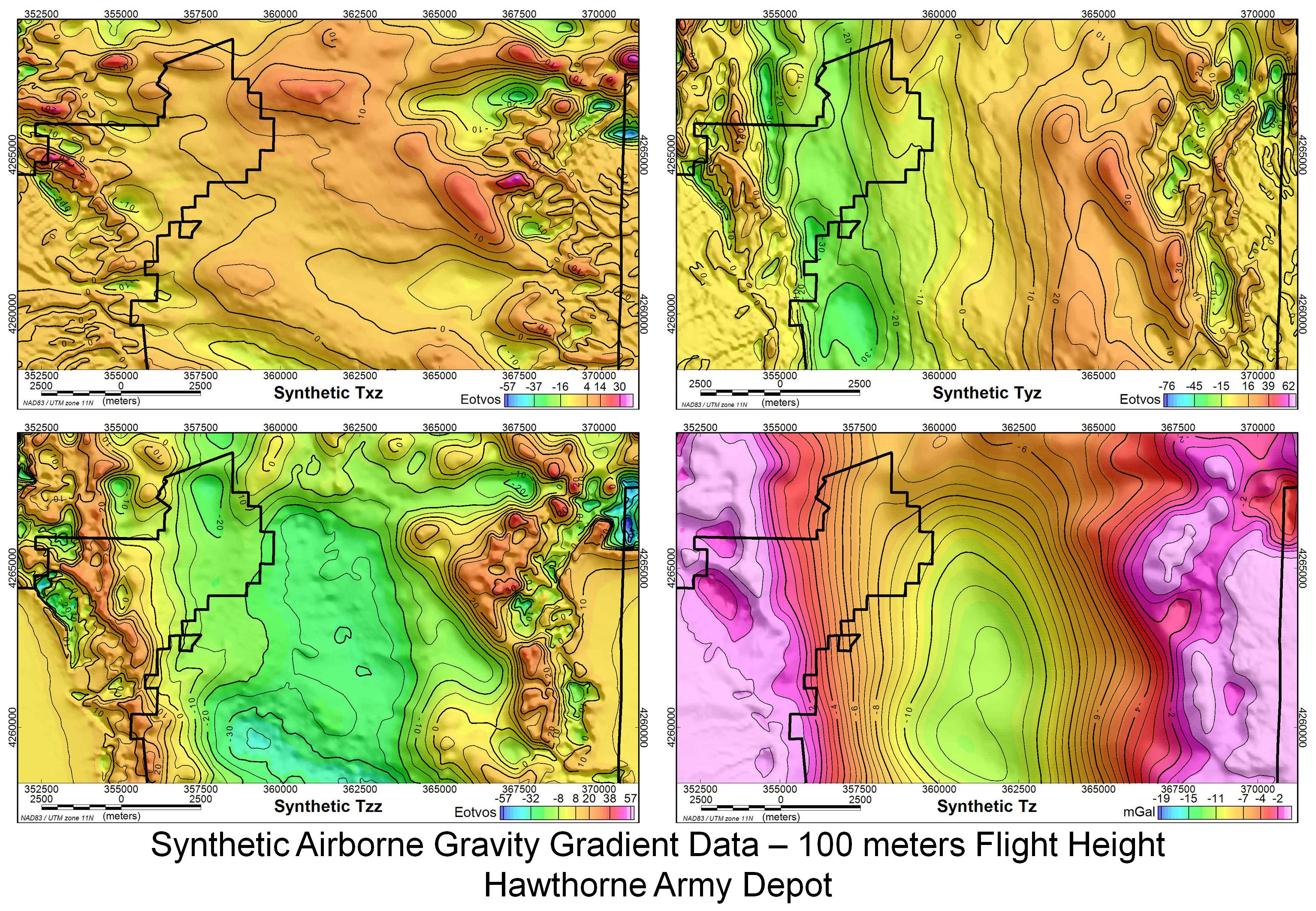 Synthetic airborne gravity gradient data at 100 meters flight height over southern Walker Lake basin, Mineral County, Nevada. (upper-left) Txz model from 3D basin. (upper-right) Tyz model from 3D basin. (lower-left) Tzz model from 3D basin. (lower-right) Tz model from 3D basin.