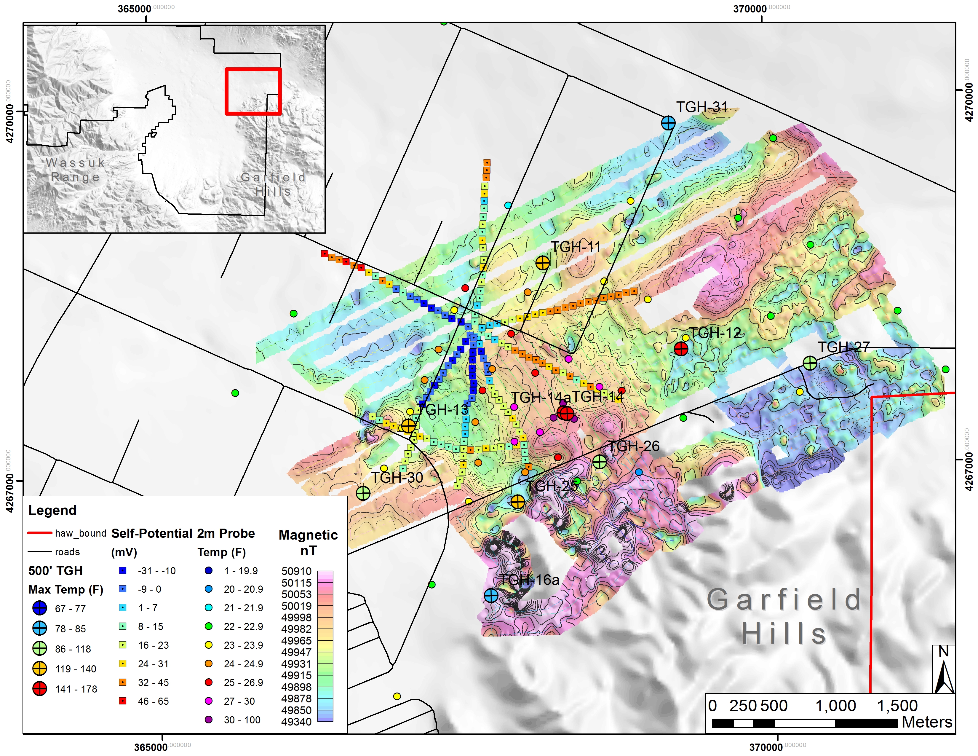 SP and magnetic data at northern Garfield Hills, Mineral County, Nevada. Data collected to locate upwelling fluids and structures associated with shallow high temperature thermal anomaly.