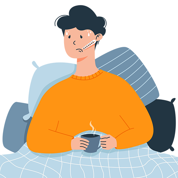 Illustration of young man lying sick in bed