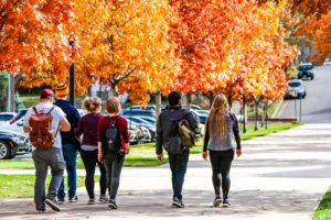 students walking through fall foliage