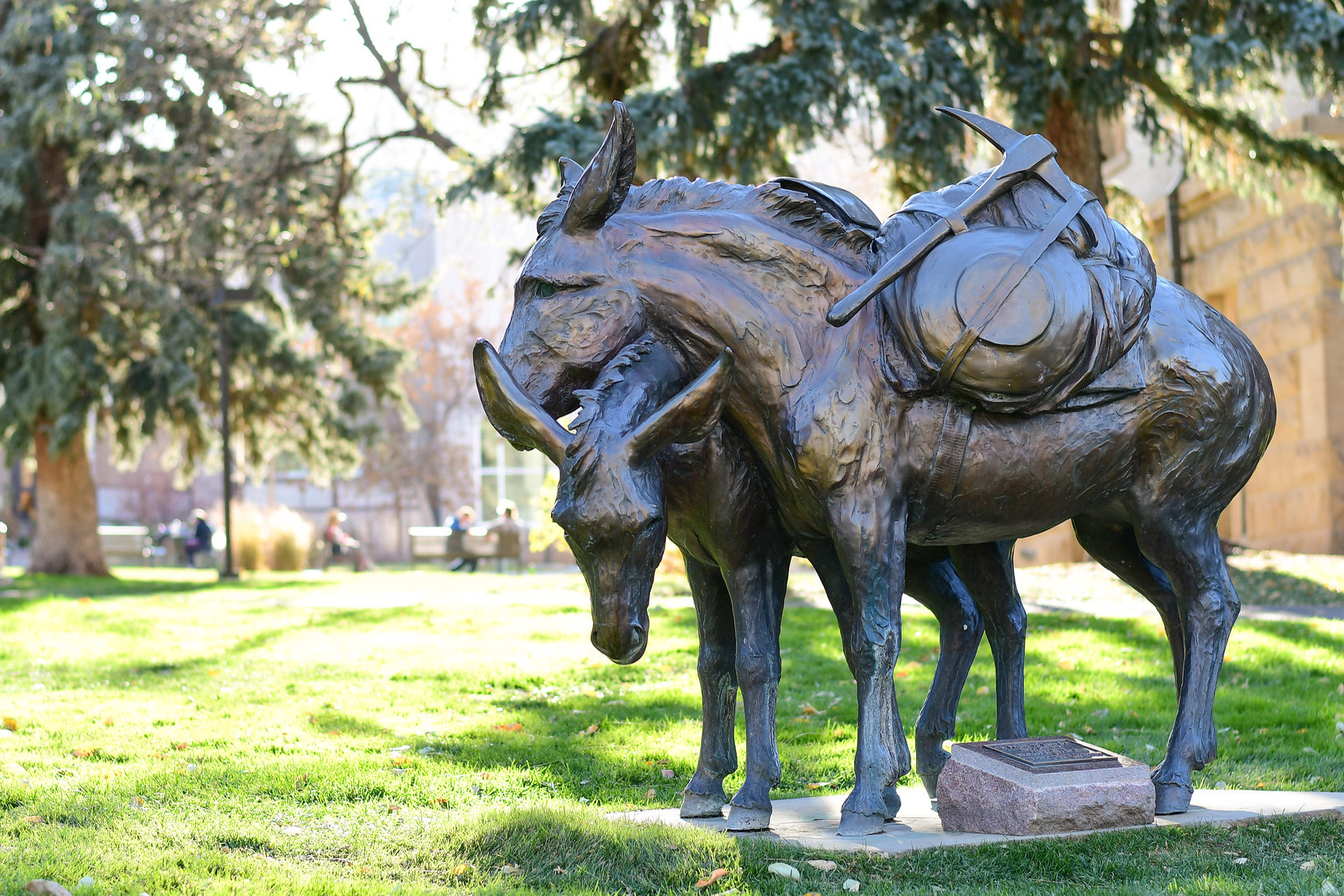 bronze statue of two mining burros
