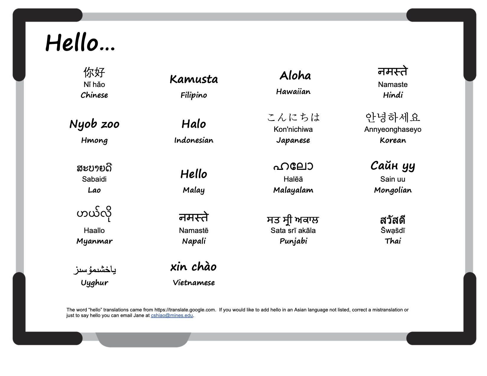 The word Hello in 18 different Asian languages