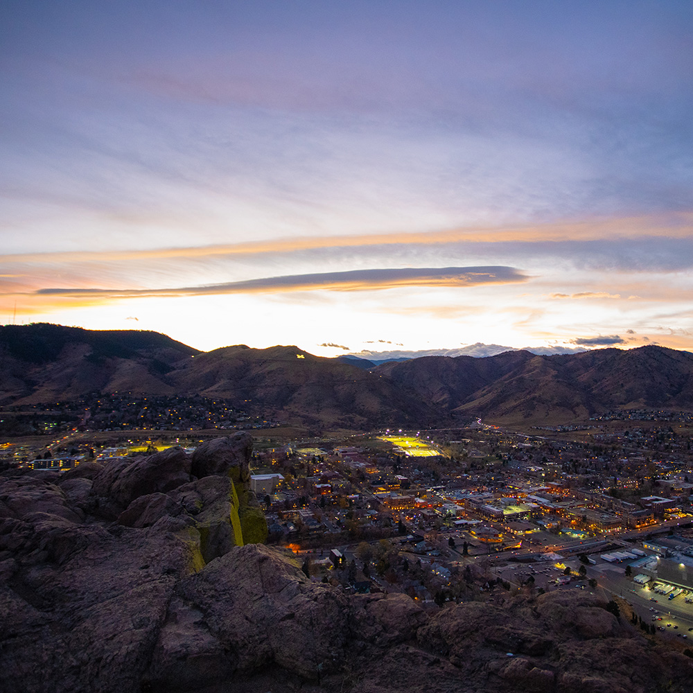 Aerial view of Golden and Lookout Mountain behind it. 