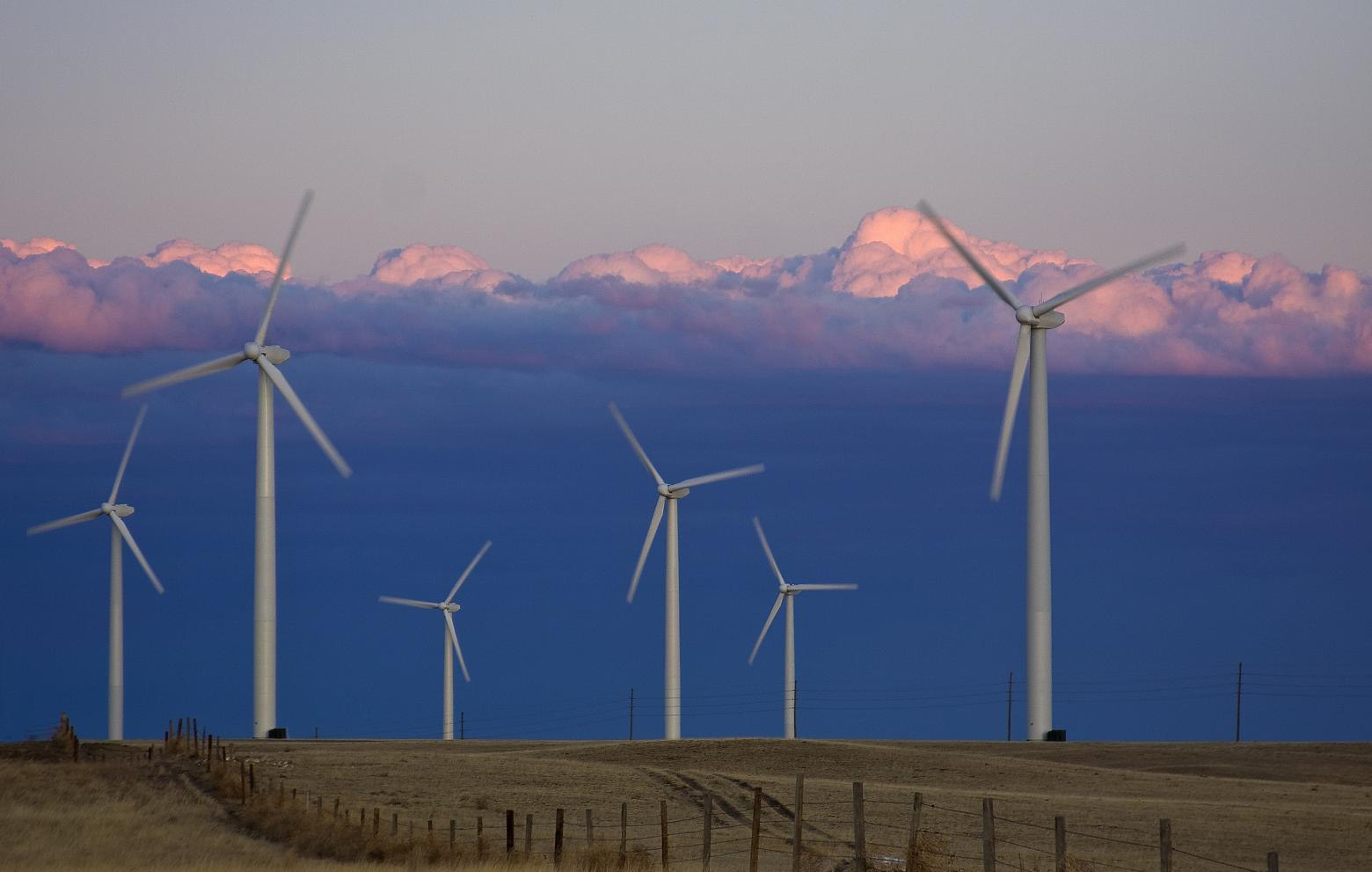 The Cedar Creek wind farm east of Grover, Colorado includes more than 200 turbines and generates roughly 300 megawatts of energy. 
