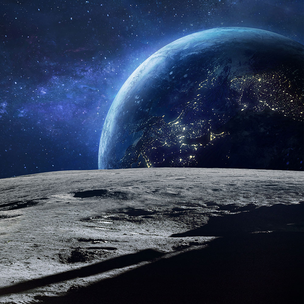 Moon surface and blue Earth planet at night in deep space.