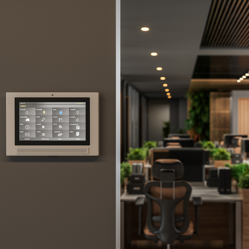 Smart Control System With App Icons On A Digital Screen In Modern Office With Blurred Background