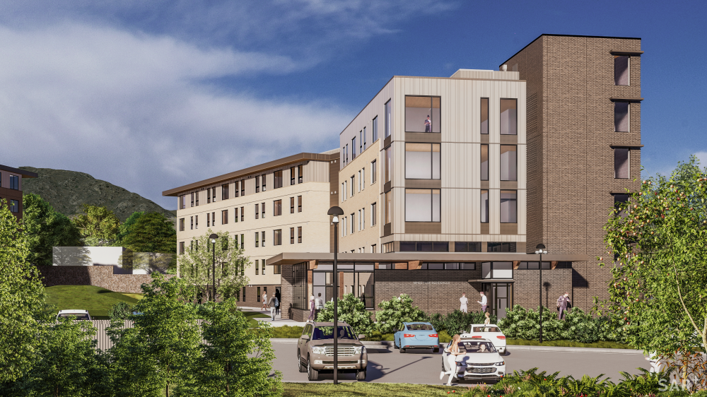 rendering of the new builds at the village of mines park apartment complex