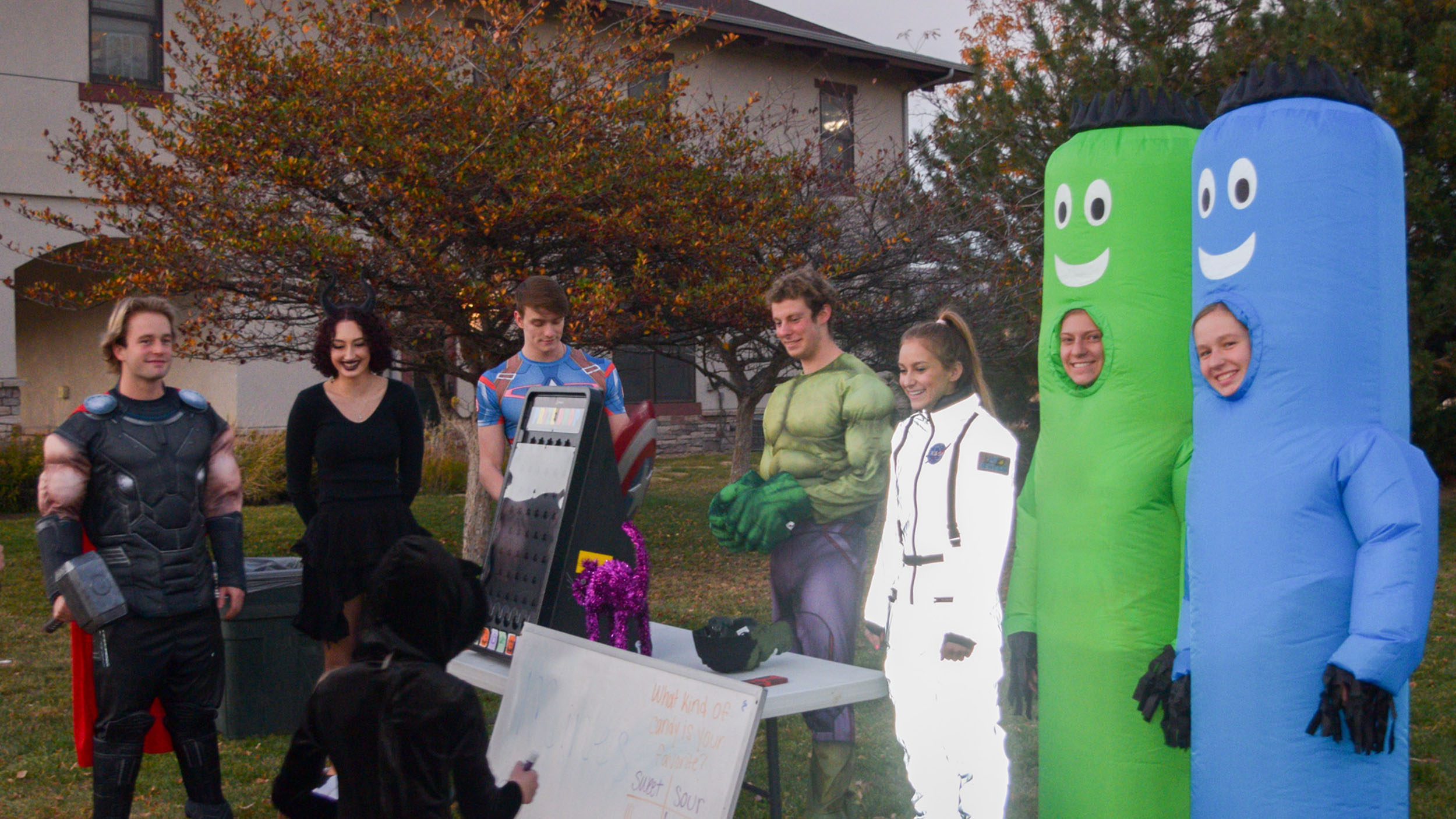 Fraternity and Sorority students wearing costumes on Halloween.