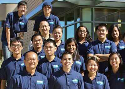 Group photo of people in blue shirts