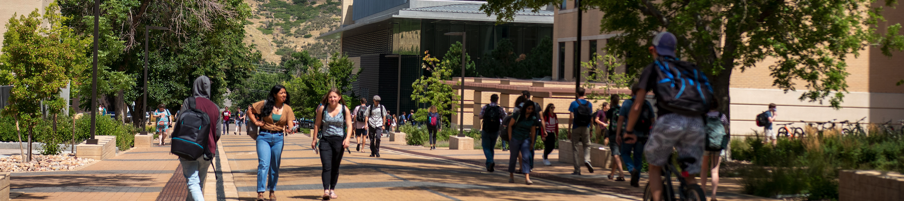 Students walking through bustling part of campus.
