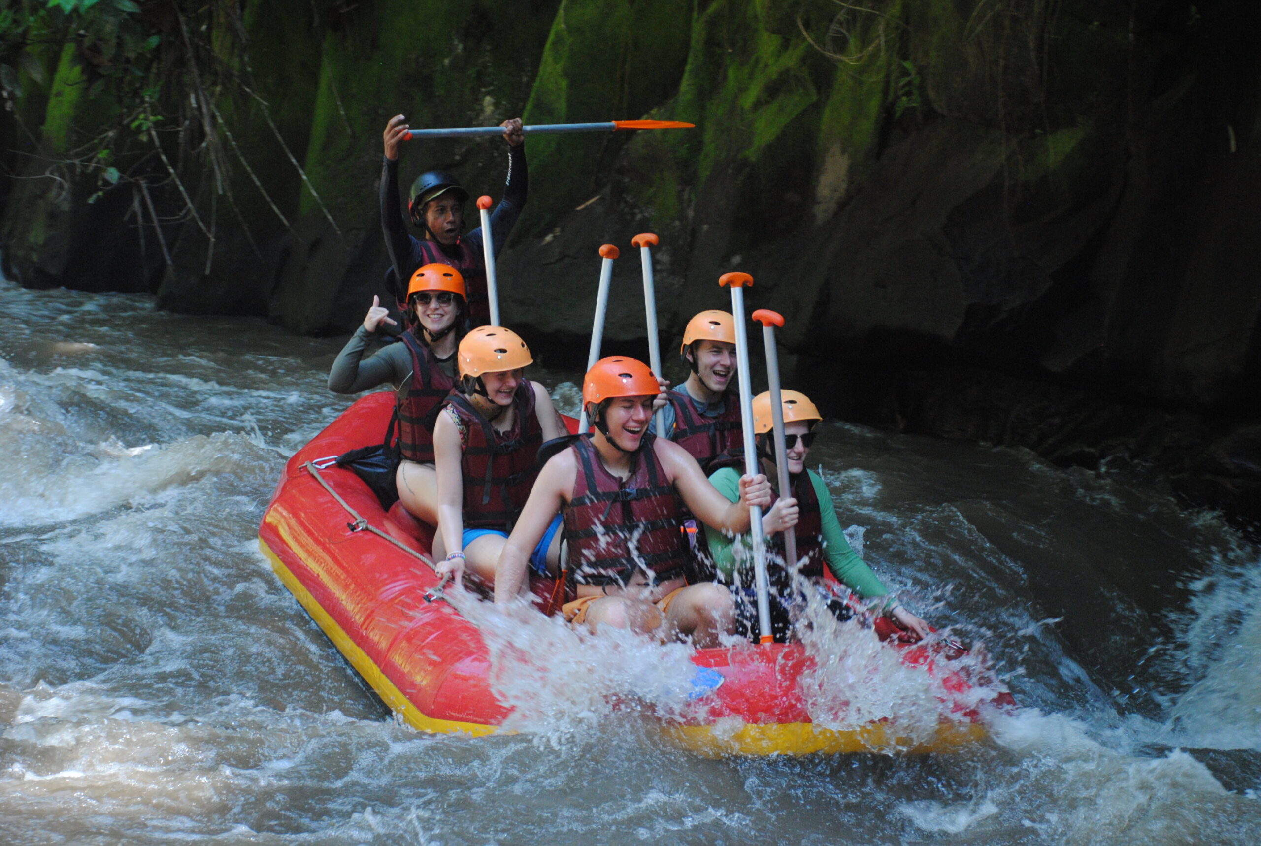 Students on a rafting trip during a study abroad session.