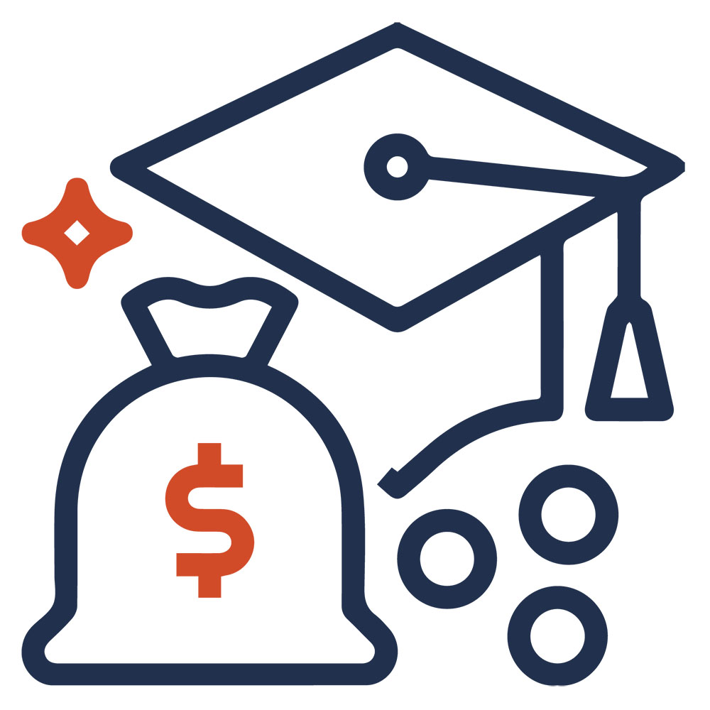 Return on investment Icon of graduation cap and bag of money